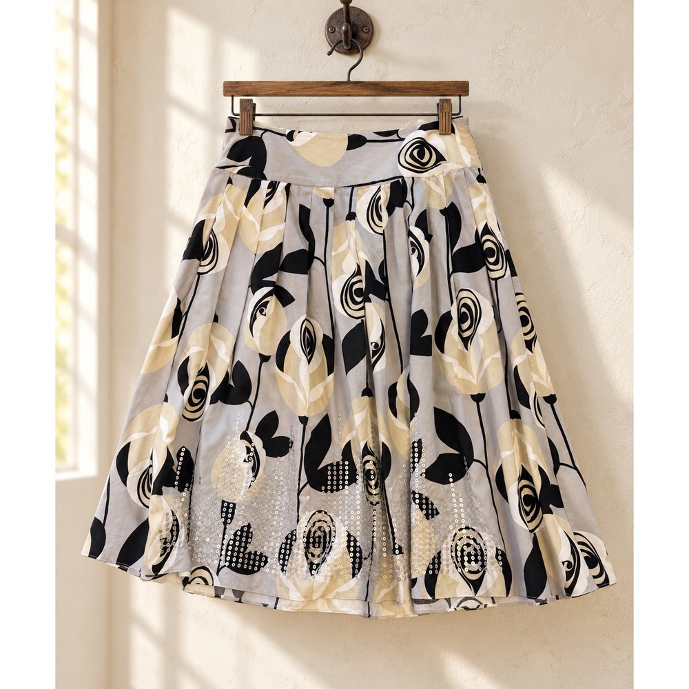 Emma James Floral A-Line Skirt Graphic Rose Sequin Hem Grey Black Size 10